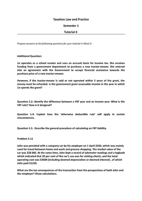 Tax Law Tutorial 4 Taxation Law And Practice Semester 1 Tutorial 4