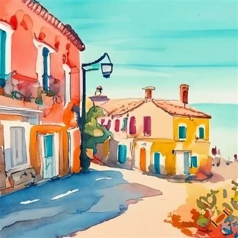 Watercolor Sketch Of A Colorful Mediterranean Village On Craiyon