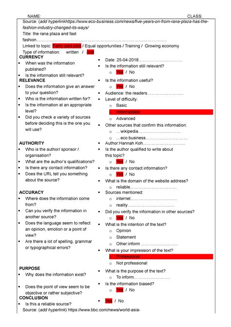 Craap Checklist Alle 3 Cijfer 7 Name Class Source Add Studocu