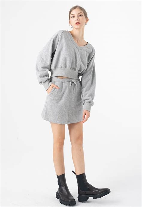 Cotton V Neck Oversized Crop Sweatshirt In Grey Retro Indie And