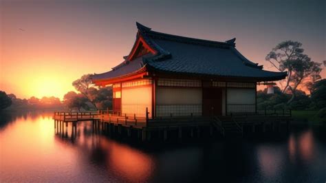 Un Templo Japon S Con Techo Rojo Y Una Puesta De Sol Dorada Al Fondo