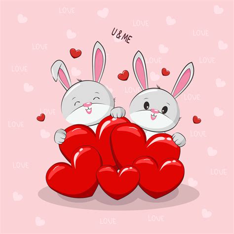 Amor De Pareja Vectorial De Conejitos Lindos Con Corazón De Amor San