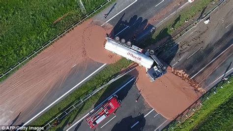 Polish Motorway Covered In Melted Chocolate After Truck Overturns