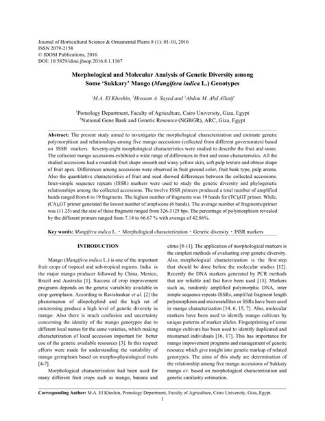 Pdf Morphological And Molecular Analysis Of Genetic Diversity Among Some Sukkary Mango