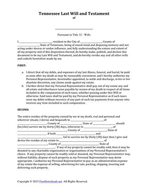 Download Tennessee Last Will And Testament Form Pdf Rtf Word