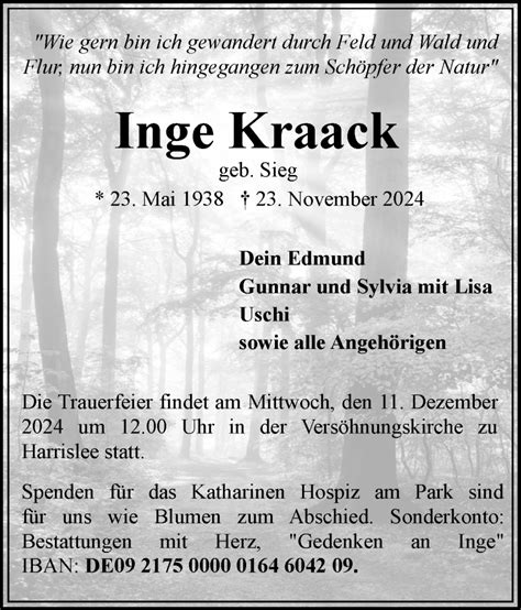 Traueranzeigen Von Inge Kraack Sh Z Trauer