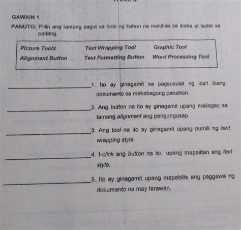 Gawain Panuto Piliin Ang Tamang Sagot Sa Loob Ng Kahon Na