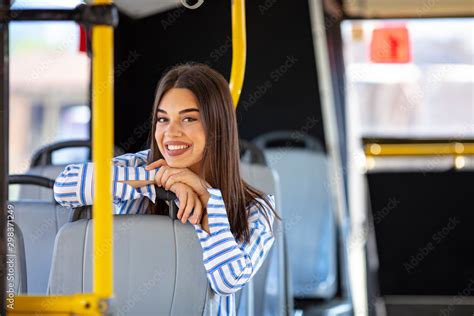 Portrait Of A Woman Inside A Bus Beautiful Young Woman Taking Bus To