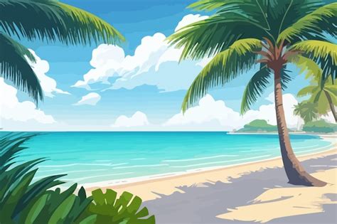 Premium Vector Calm Sea Beach Palms Cartoon Illustration