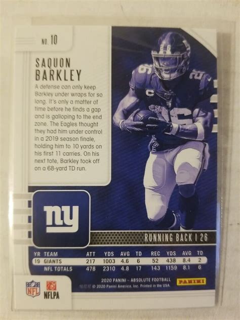 2020 Panini Absolute Football Saquon Barkley Base Card 10 New York