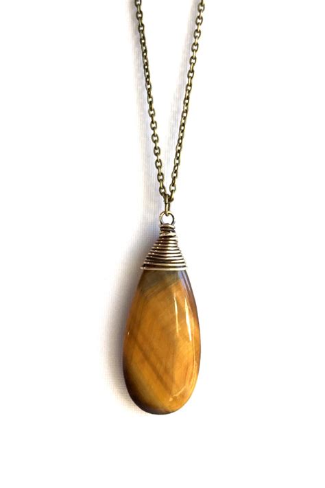 Long Tiger S Eye Necklace Large Gemstone Pendant By Gemsbykelley