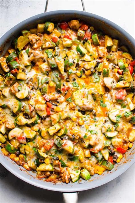 Low Carb Chicken And Zucchini Recipe Cooked In One Skillet With Black