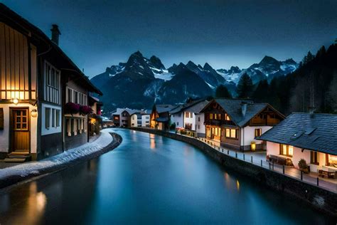 Photo Wallpaper The Sky Mountains River Houses The Night Winter