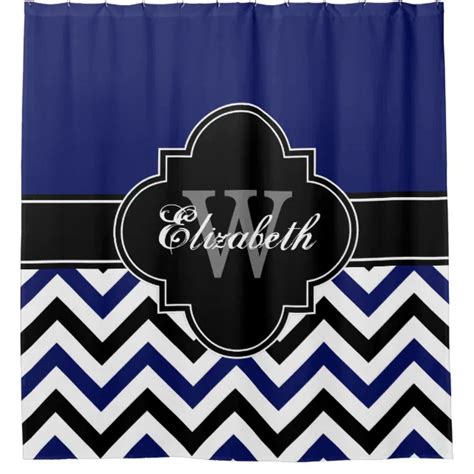 Navy Blue Wht Black Lg Chevron 1icbr Name Monogram Shower Curtain Zazzle