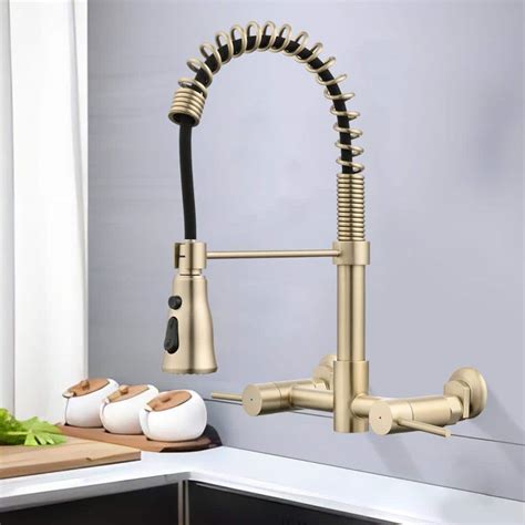 Upiker Double Handle Wall Mounted Pull Down Sprayer Kitchen Faucet With