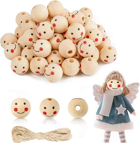 Sutoug Lot De Perles Rondes En Bois Avec T Te De Poup E Souriante De