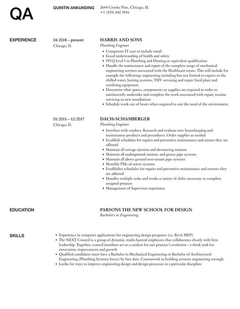 Plumbing Engineer Resume Samples | Velvet Jobs