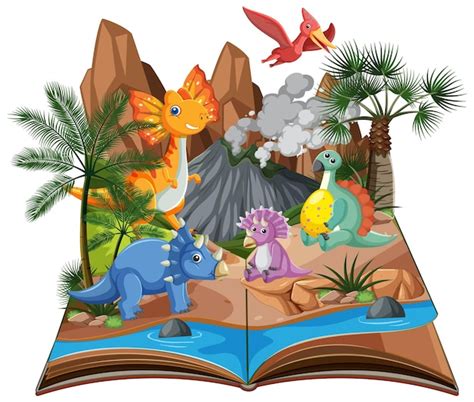 Libro Abierto Con Dinosaurio En La Escena Del Bosque Prehist Rico