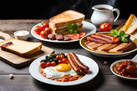 Premium Ai Image Breakfast With Eggs Sausage And Toast On A Table