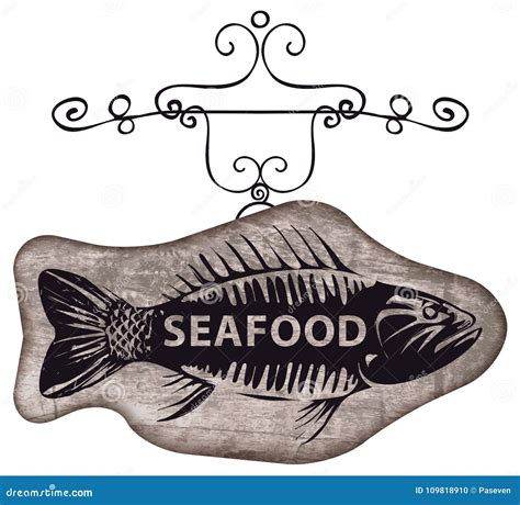 Street Signboard For Seafood With Picture Of Fish Stock Vector