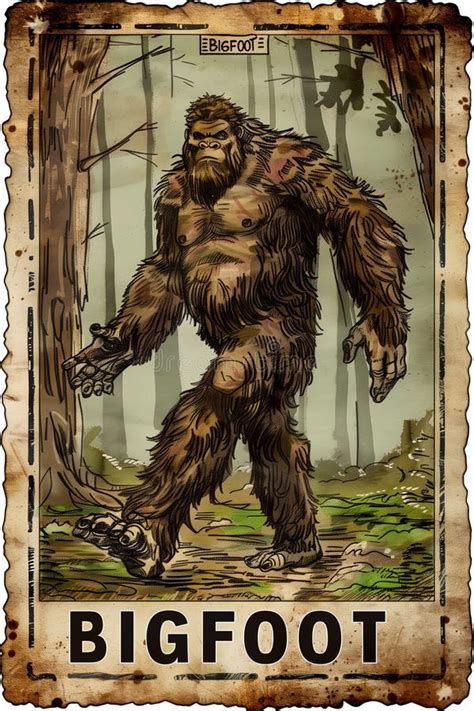 Bigfoot Poster Cryptid Art Sasquatch Card Illustration Stock