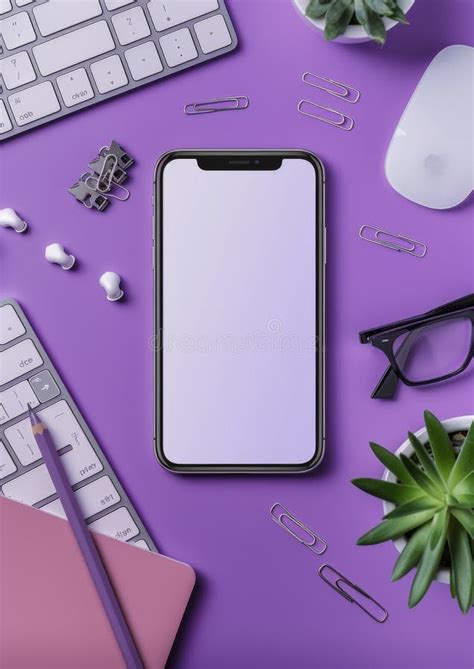 Aerial View Of An Iphone With Blank Screen On A Purple Desk With Office