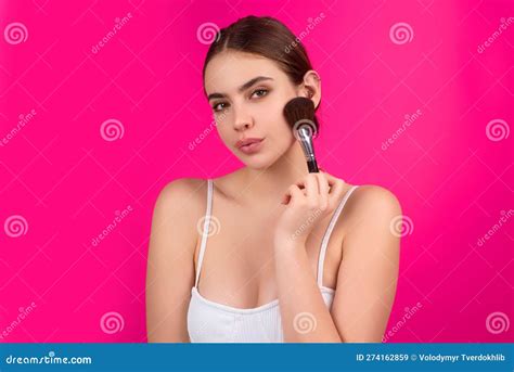 Girl Hold Blush Blusher Apply Powder Visage Isolated Over Studio