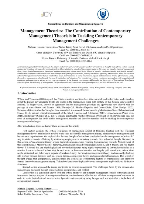 Pdf Management Theories The Contribution Of Contemporary Management