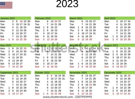 Calendar Year 2023 English Language United Stock Vector (Royalty Free ...