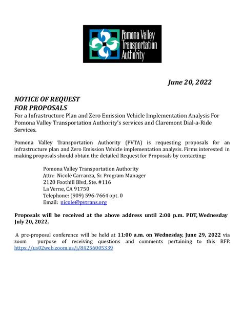 Zev Infrastructure Consultant Rfp Pomona Valley Transportation Authority