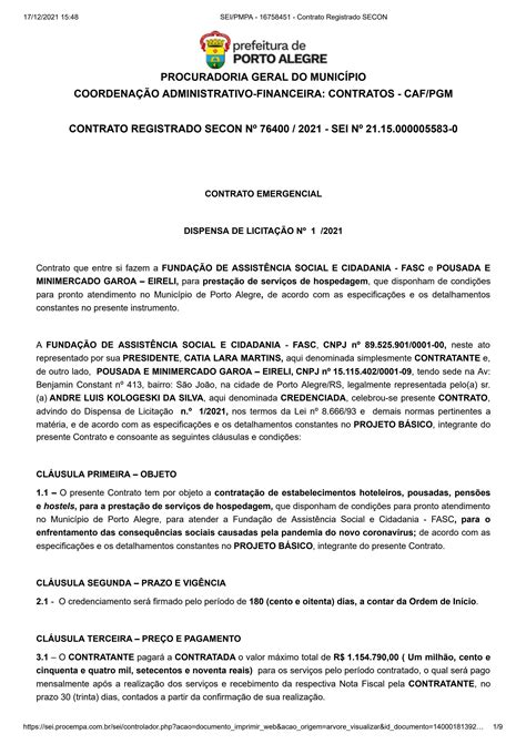 Contratos Assinados Entre A Pousada Garoa E A Prefeitura De Porto