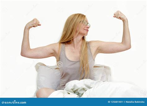 Middle Age Woman Real Portrait Bed Bedroom Blonde Long Hair Fifty Plus