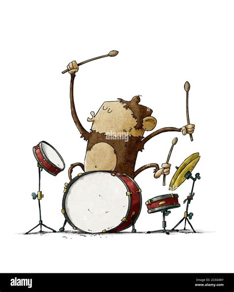 Funny Monkey Is Playing A Drums Holding A Drumstick In Each Hand And