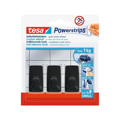 TESA Haczyk prostokątny mały 1 kg Powerstrips czarne 3 sztuki z