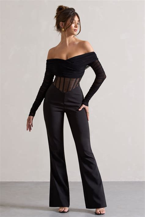 Into The Night Black Sheer Bardot Long Sleeved Corset Jumpsuit Club L London Usa