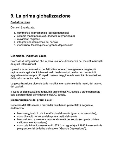 Capitolo 9 Storia Economica 9 La Prima Globalizzazione