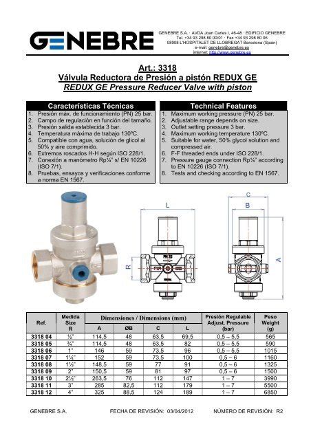 Art 3318 Válvula Reductora de Presión a pistón REDUX GE TDM