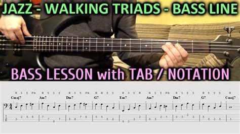 Easy Jazz Walking Bass Line Triads And Passing Note Bass Lesson With Tab Beginners Bass Tabs