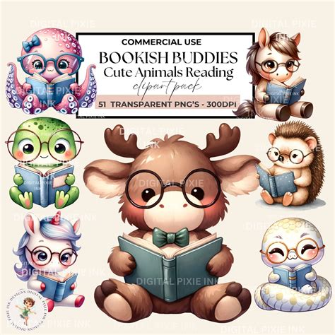 Cute Watercolor Animals Reading Book Clipart, Fantasy Reading Clipart ...