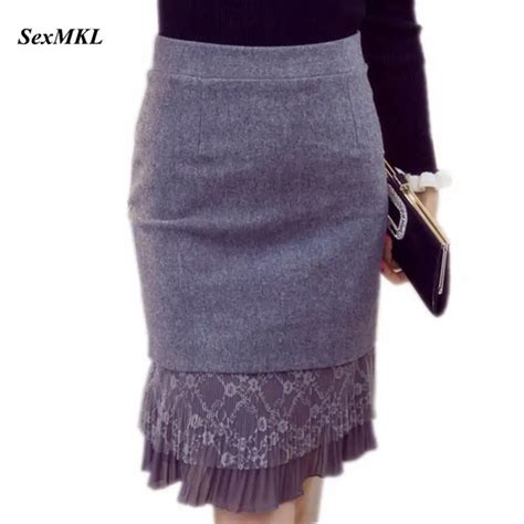 2018 Women Winter Gray Skirts Lace Patchwork Fashion Sexy High Waist