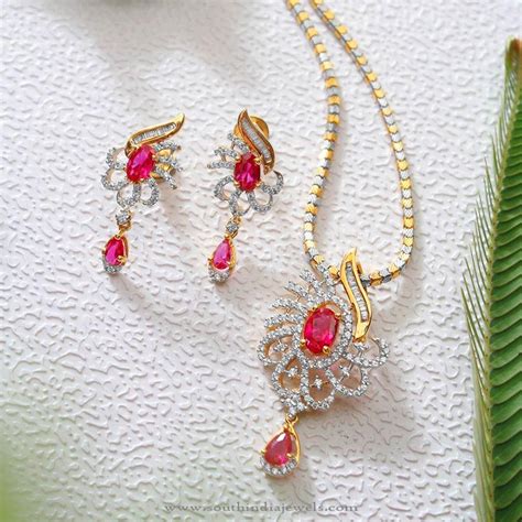 Gold Cz Stone Pendant And Earrings South India Jewels