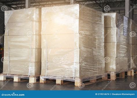 Cargo Shipment Boxes Stack Of Package Boxes Wrapping Plastic Film On