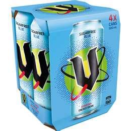 V Energy Sugar Free Drink Blue Can 500ml X 4 Pack | Woolworths