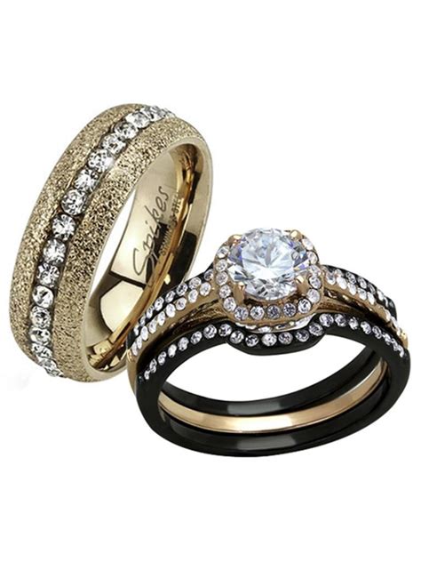 His Hers 4 Pc Black And Rose Gold Stainless Steel Wedding Engagement Ring Band Set Size Women S 10