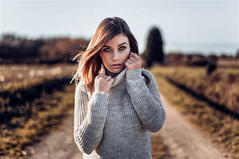 Wallpaper Brunette Women Outdoors Sweater Blue Eyes Long Hair Standing Eyeshadow Face