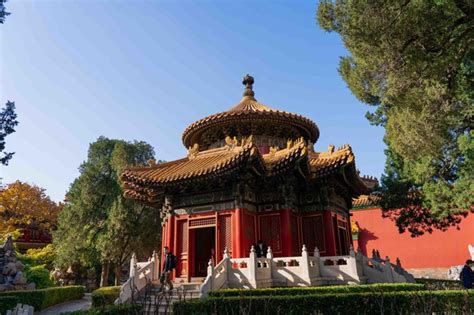 Un Edificio Con Techo Rojo Y Una Pagoda Al Fondo Foto Premium