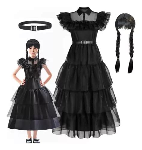 Disfraz Cosplay De Wednesday Addams Escuela Vestido Baile Negro Chica