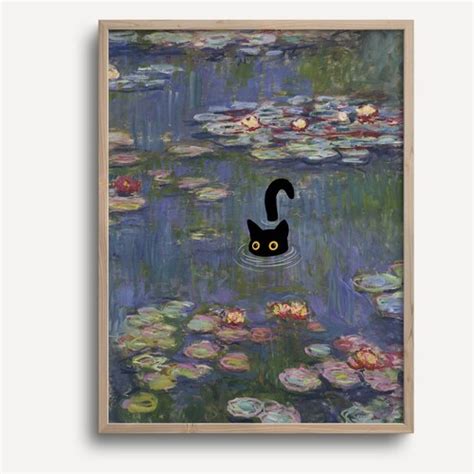 Cat Print Monet Water Lilies Funny Gift Poster Wall Art Home Etsy