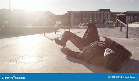 Man Skateboard And Trick Fail At Park Outdoor In Urban City For