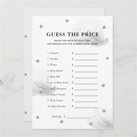 Star Gray Cloud Guess The Price Baby Shower Game Invitation Zazzle